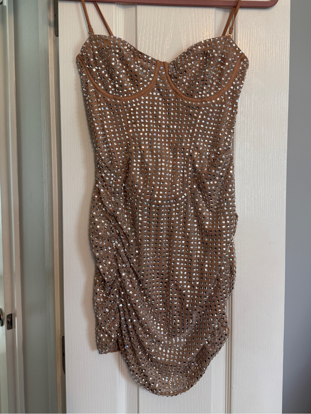 Oh Polly Women’s Azelie Tan Embellished Sequin Ruched Corset Mini Dress Glam 6 - Picture 2 of 16